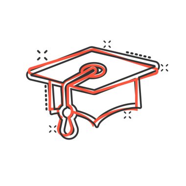 Çizgi roman tarzında mezuniyet şapkası ikonu. Beyaz izole edilmiş arka planda öğrenci şapkası çizimi. Üniversite sıçrama etkisi iş konsepti.