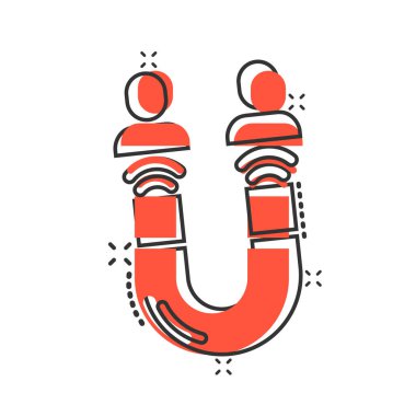 Çizgi roman tarzında lider dönüştürme simgesi. Beyaz izole arkaplanda çizgi film vektör illüstrasyonunu göster. Mıknatıs sıçrama etkisi iş konsepti.