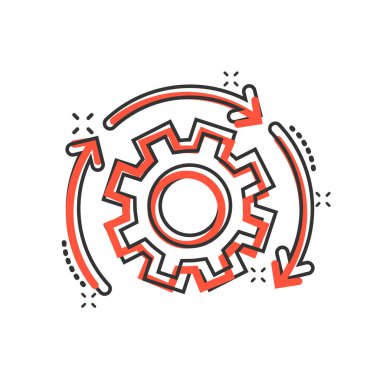 Çizgi roman tarzında çalışma akışı simgesi. Beyaz izole edilmiş arka planda etkili çizgi film vektör çizimi. İşlem organizasyonu sıçrama etkisi iş konsepti.