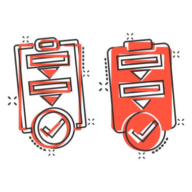 İşlem listesi simgesi çizgi romanda. Beyaz izole edilmiş arkaplan üzerine döküman projesi çizgi film vektör çizimi. Kontrol listesi sıçrama efekti iş konsepti.