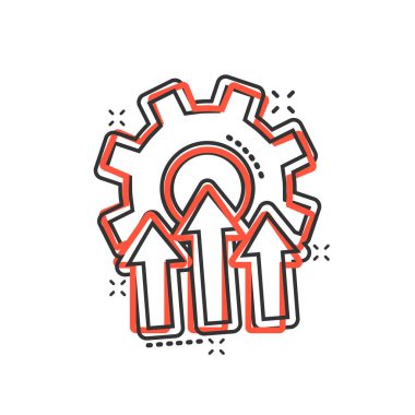 Çizgi roman tarzında gelişme simgesi. Beyaz izole edilmiş arkaplanda vites projesi karikatür vektör çizimi. Üretkenlik, iş dünyasının etkisini artırıyor.