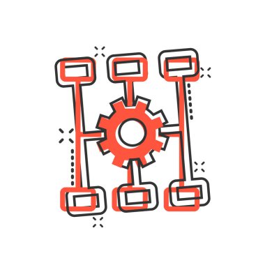 Çizgi roman tarzında gelişme simgesi. Beyaz izole edilmiş arkaplanda vites projesi karikatür vektör çizimi. Üretkenlik, iş dünyasının etkisini artırıyor.