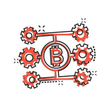 Çizgi roman tarzında Bitcoin simgesi. Beyaz izole arkaplanda blok zinciri çizim çizimi. Kripto para birimi sıçrama etkisi iş konsepti.