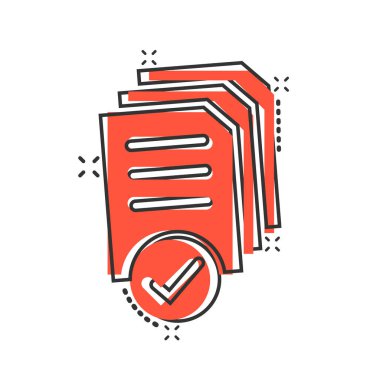 Çizgi roman tarzında belge simgesi. Beyaz izole edilmiş arka planda çizgi film vektör illüstrasyonunu rapor et. Kağıt tabaka sıçrama etkisi iş konsepti.