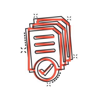 Çizgi roman tarzında belge simgesi. Beyaz izole edilmiş arka planda çizgi film vektör illüstrasyonunu rapor et. Kağıt tabaka sıçrama etkisi iş konsepti.