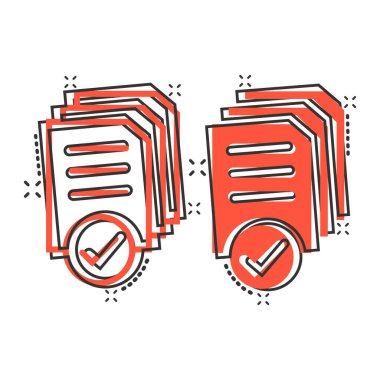 Çizgi roman tarzında belge simgesi. Beyaz izole edilmiş arka planda çizgi film vektör illüstrasyonunu rapor et. Kağıt tabaka sıçrama etkisi iş konsepti.