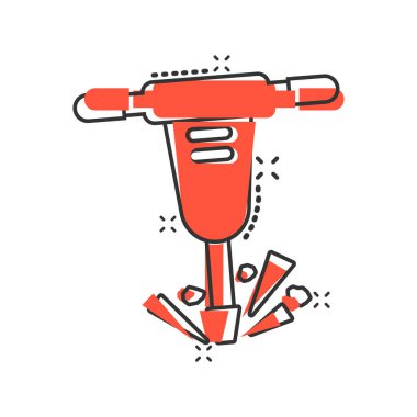 Jackhammer icon in comic style. Demolish package vector illustration on white isolated background. Destroy splash effect business concept. clipart