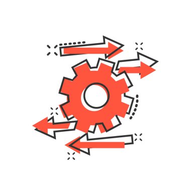 Çizgi roman tarzında işlem simgesi. Beyaz izole arkaplanda ok ve dişli çizgi film vektör çizimi. Optimizasyon sıçrama etkisi iş konsepti.