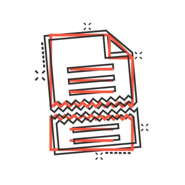 Çizgi roman biçiminde belge hatası simgesi. Beyaz izole edilmiş arka planda kırık rapor karikatür vektör çizimi. Hasarlı sıçrama etkisi iş konsepti.