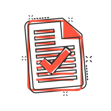 Belge, çizgi roman tarzında kabul edilmiş simge. Beyaz izole arkaplandaki çizgi film vektör çizimini düzelt. İleti sıçrama etkisi iş konseptini kontrol et.