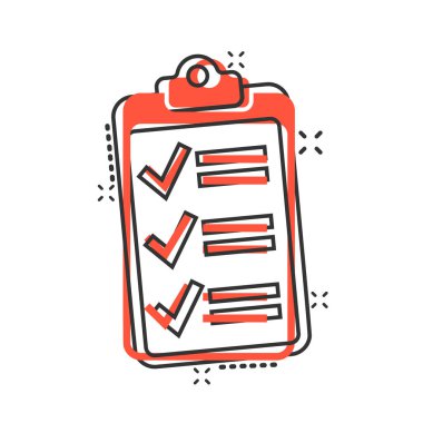 Çizgi roman tarzında liste simgesi yapmak için. Beyaz izole edilmiş arkaplandaki karikatür vektör çizelgesi. Not kontrol işareti sıçrama etkisi iş konsepti.