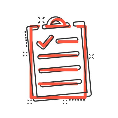 Çizgi roman tarzında liste simgesi yapmak için. Beyaz izole edilmiş arkaplandaki karikatür vektör çizelgesi. Not kontrol işareti sıçrama etkisi iş konsepti.