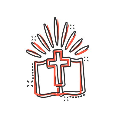 Çizgi roman tarzında İncil ikonu. Beyaz izole edilmiş arka planda kilise inancı çizgi filmi vektör çizimi. Ruhanilik, iş dünyası kavramının üzerine sıçradı..