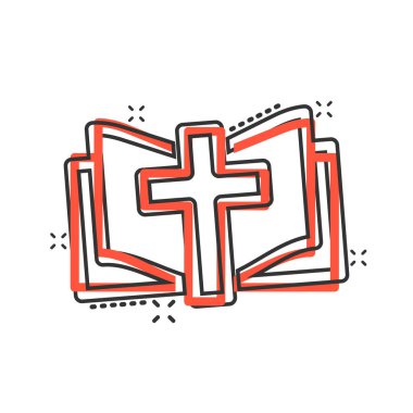 Çizgi roman tarzında İncil ikonu. Beyaz izole edilmiş arka planda kilise inancı çizgi filmi vektör çizimi. Ruhanilik, iş dünyası kavramının üzerine sıçradı..