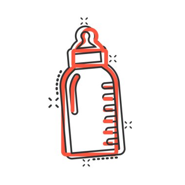 Bebek şişesi ikonu komik bir şekilde. Beyaz izole arkaplanda süt kabı karikatür vektör çizimi. Bardak sıçrama etkisi iş konsepti.