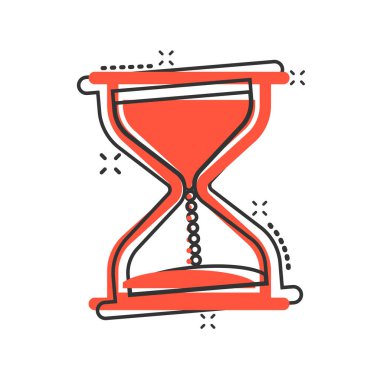 Çizgi roman tarzında kum saati simgesi. Beyaz izole edilmiş arka planda kum camı çizimi. Saat sıçrama etkisi iş konsepti.