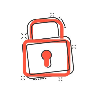 Çizgi roman tarzında asma kilit simgesi. Çizgi film vektör illüstrasyonunu beyaz izole arkaplana kilitle. Özel sıçrama efekti iş konsepti.