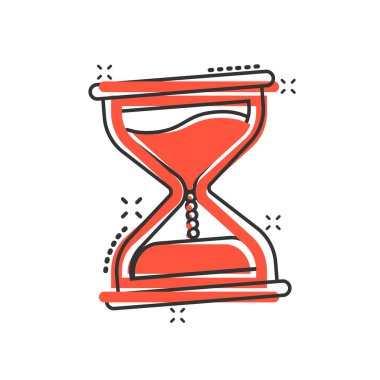 Çizgi roman tarzında kum saati simgesi. Beyaz izole edilmiş arka planda kum camı çizimi. Saat sıçrama etkisi iş konsepti.