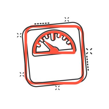 Simgeyi çizgi roman tarzında ölçeklendir. Beyaz izole edilmiş arka planda karikatür vektör çizimi. Karşılaştırma sıçrama etkisi iş konsepti.