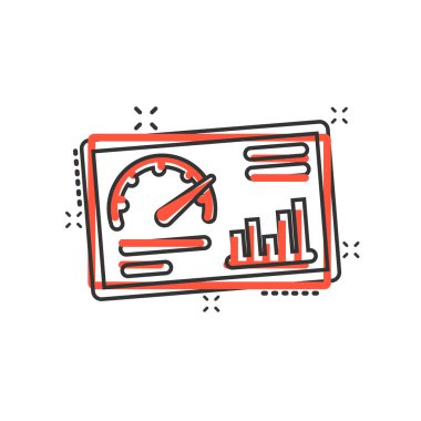 Çizgi roman tarzında gösterge paneli simgesi. Beyaz izole edilmiş arka planda finans analizcisi karikatür vektör çizimi. Performans algoritması sıçrama etkisi iş konsepti.