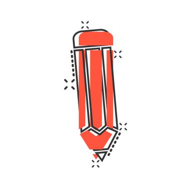 Çizgi roman tarzında kalem simgesi. Beyaz izole arkaplanda kalem karikatürü vektör çizimi. Sıçrama efekti çizimi iş konsepti.