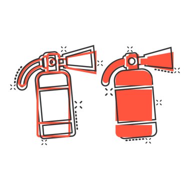 Komik bir şekilde söndürme ikonu. Beyaz izole edilmiş arka planda ateş koruma çizgi filmi vektör çizimi. Acil sıçrama etkisi iş konsepti.