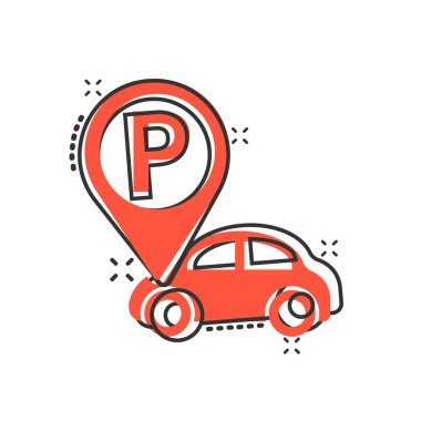 Komik bir şekilde araba park etme ikonu. Beyaz izole edilmiş arkaplanda otomatik çizgi film vektör çizimi. Yol işareti sıçrama etkisi iş konsepti.