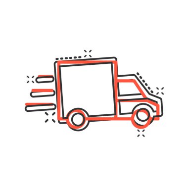 Çizgi roman tarzında bir kamyon ikonu. Beyaz izole arkaplanda otomatik dağıtım vektör çizimi. Kamyon otomobili sıçrama etkisi iş konsepti.