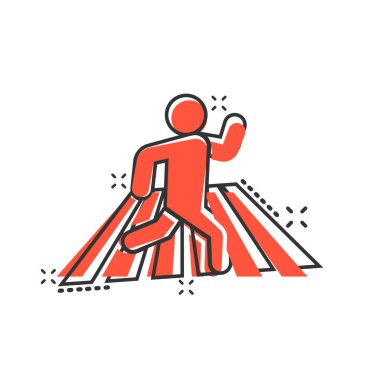 Yaya geçidi ikonu, komik bir şekilde. İnsanlar beyaz izole edilmiş arka planda çizgi film işaretleri çiziyorlar. Navigasyon sıçrama etkisi iş konsepti.