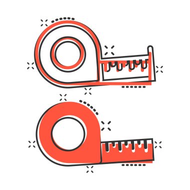 Çizgi roman tarzında mezura simgesi. Beyaz izole edilmiş arka planda cetvel çizgi film işaret vektör çizimi. Ölçek sıçrama etkisi iş konsepti.