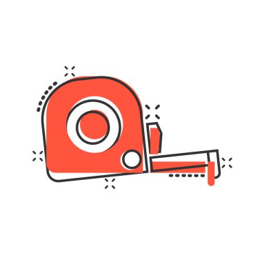 Çizgi roman tarzında mezura simgesi. Beyaz izole edilmiş arka planda cetvel çizgi film işaret vektör çizimi. Ölçek sıçrama etkisi iş konsepti.