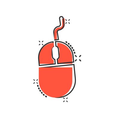 Çizgi roman tarzında bilgisayar fare simgesi. Beyaz izole arkaplanda imleç çizimi. Pointer sıçrama etkisi iş konsepti.