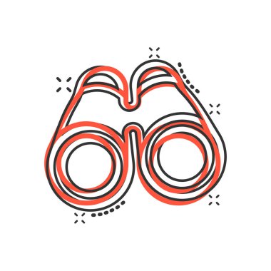 Çizgi roman tarzında dürbün simgesi. Beyaz izole edilmiş arkaplanda çizgi film vektör çizimi ara. Odaklanma etkisi iş konsepti.