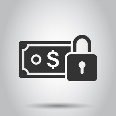 Düz stili kilit simgesi olan dolar banknotu. Beyaz izole edilmiş arka planda dolar cinsinden güvenli vektör çizimi. Banknote faturası güvenlik iş konsepti.