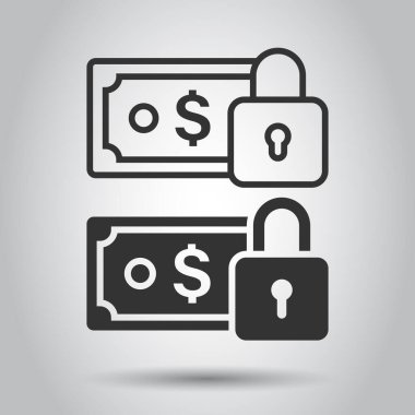 Düz stili kilit simgesi olan dolar banknotu. Beyaz izole edilmiş arka planda dolar cinsinden güvenli vektör çizimi. Banknote faturası güvenlik iş konsepti.