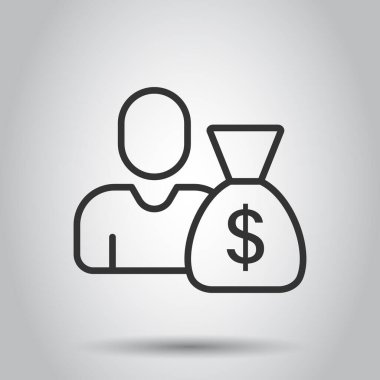Para çantası ikonu olan insanlar. Beyaz izole edilmiş arka planda iş adamı çanta vektör çizimi. Banka iş kavramı.