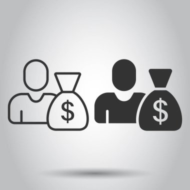 Para çantası ikonu olan insanlar. Beyaz izole edilmiş arka planda iş adamı çanta vektör çizimi. Banka iş kavramı.