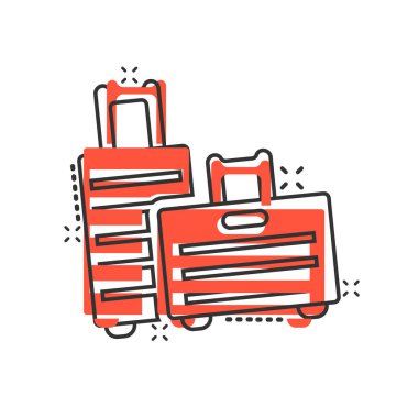 Çizgi roman tarzında seyahat çantası ikonu. Beyaz izole edilmiş arka planda bavul vektör çizimi. Bagaj sıçrama etkisi iş konsepti.