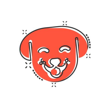 Çizgi roman tarzında köpek kafası ikonu. Beyaz izole edilmiş arka planda sevimli bir çizgi film vektör çizimi. Hayvan sıçrama etkisi iş konsepti.