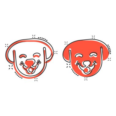 Çizgi roman tarzında köpek kafası ikonu. Beyaz izole edilmiş arka planda sevimli bir çizgi film vektör çizimi. Hayvan sıçrama etkisi iş konsepti.