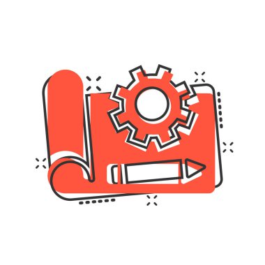 Çizgi roman tarzında prototip simgesi. Beyaz izole edilmiş arkaplanda başlangıç çizgi filmi vektör illüstrasyonu. Model geliştirme sıçrama etkisi iş konsepti.