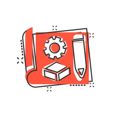 Çizgi roman tarzında prototip simgesi. Beyaz izole edilmiş arkaplanda başlangıç çizgi filmi vektör illüstrasyonu. Model geliştirme sıçrama etkisi iş konsepti.