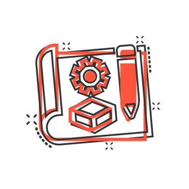 Çizgi roman tarzında prototip simgesi. Beyaz izole edilmiş arkaplanda başlangıç çizgi filmi vektör illüstrasyonu. Model geliştirme sıçrama etkisi iş konsepti.