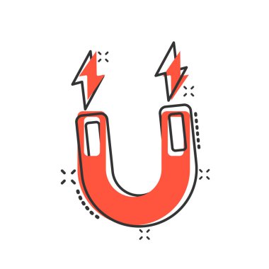 Mıknatıs simgesi. Beyaz izole arkaplanda çizgi film vektör illüstrasyonunu göster. Elektromanyetik sıçrama etkisi iş konsepti.