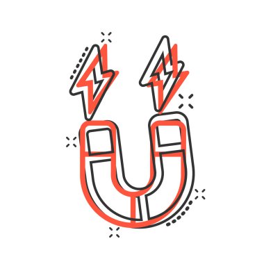 Mıknatıs simgesi. Beyaz izole arkaplanda çizgi film vektör illüstrasyonunu göster. Elektromanyetik sıçrama etkisi iş konsepti.