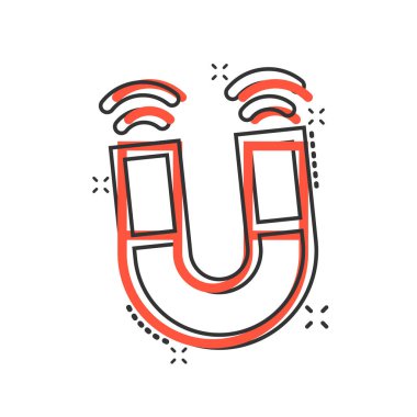 Mıknatıs simgesi. Beyaz izole arkaplanda çizgi film vektör illüstrasyonunu göster. Elektromanyetik sıçrama etkisi iş konsepti.