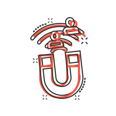 Çizgi roman tarzında lider dönüştürme simgesi. Beyaz izole arkaplanda çizgi film vektör illüstrasyonunu göster. Mıknatıs sıçrama etkisi iş konsepti.