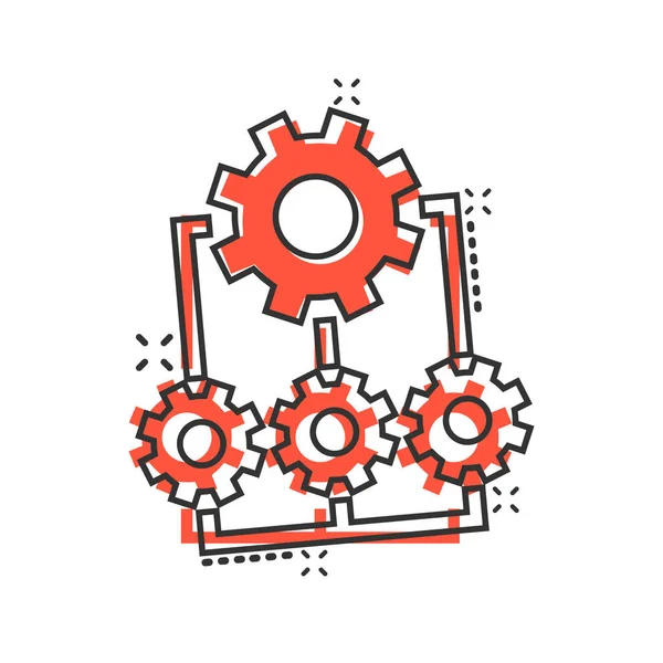 Çizgi roman tarzında gelişme simgesi. Beyaz izole edilmiş arkaplanda vites projesi karikatür vektör çizimi. Üretkenlik, iş dünyasının etkisini artırıyor.