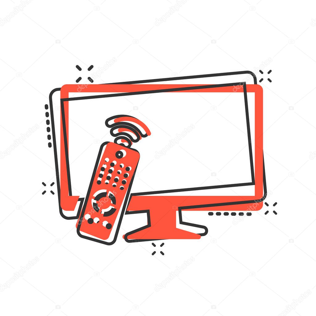 Tv remote icon in comic style. Television cartoon sign vector illustration on white isolated background. Broadcast splash effect business concept.