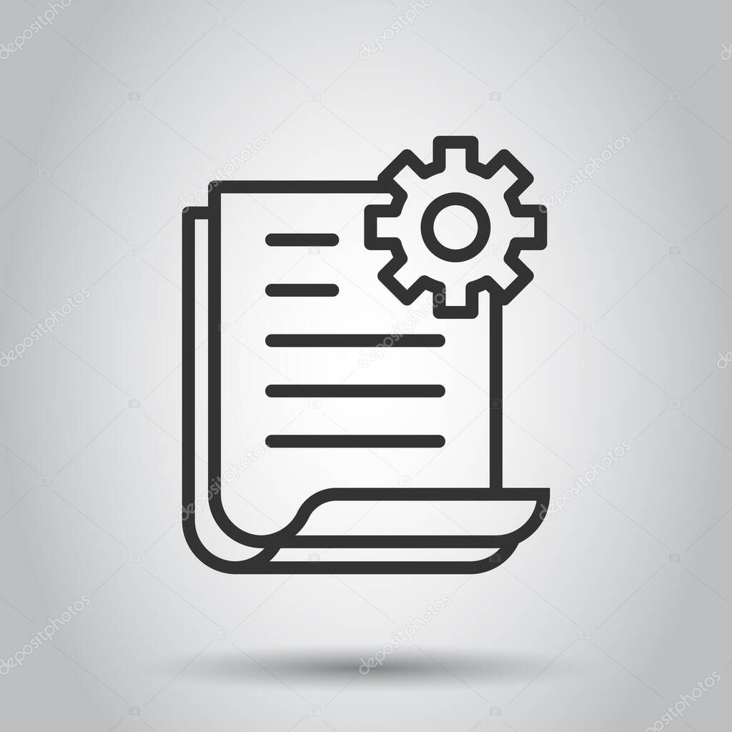 Document with gear icon in flat style. Big data processing vector illustration on white isolated background. Paper sheet software solution business concept.